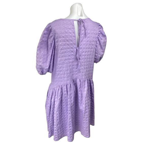 Enghlish Factory Purple Jacquard Short Puff Sleeve Tie Back Mini A-Line Dress L - Picture 2 of 5